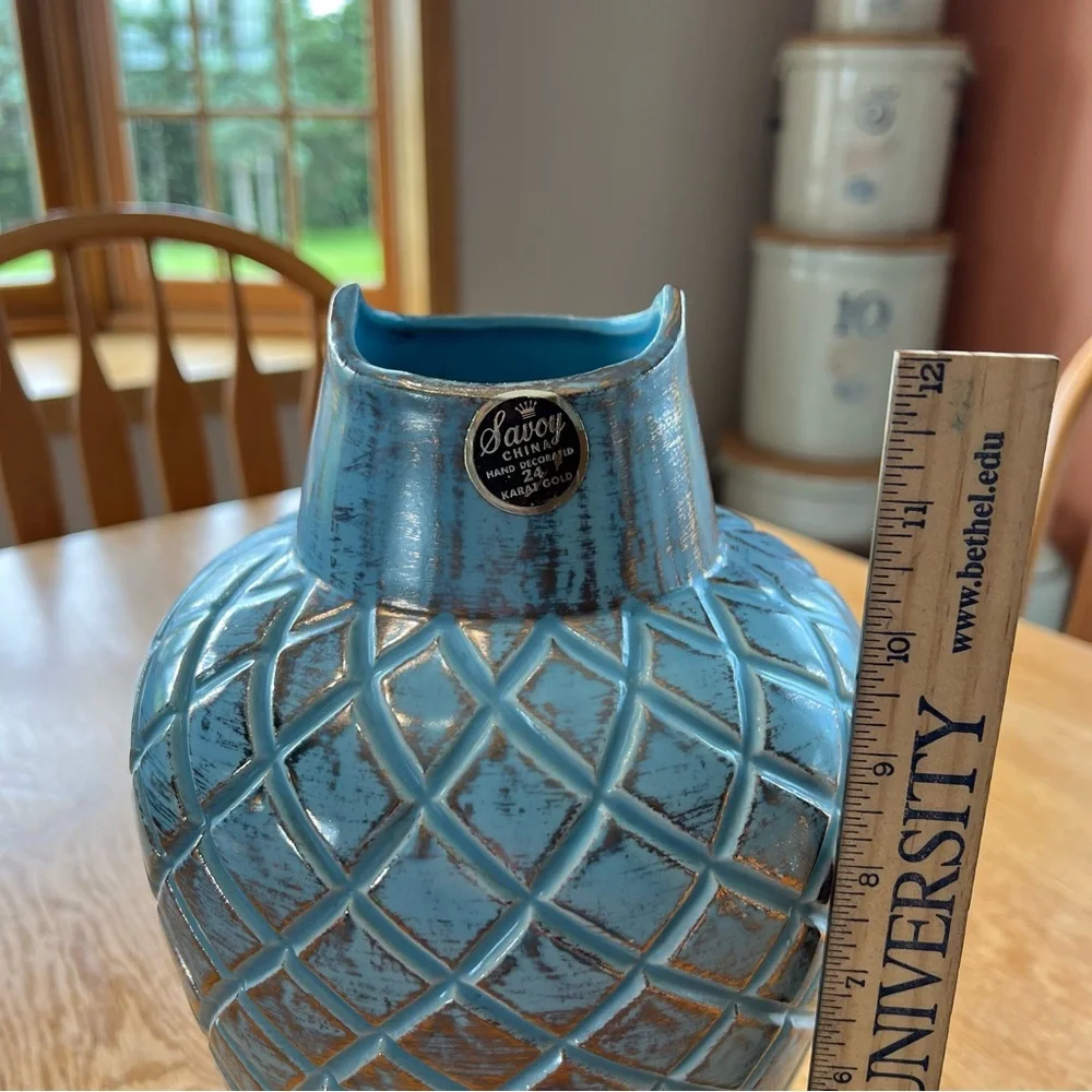 Large Savoy Decorative Ceramic Vase Aqua With Gold Sheen Overglaze
